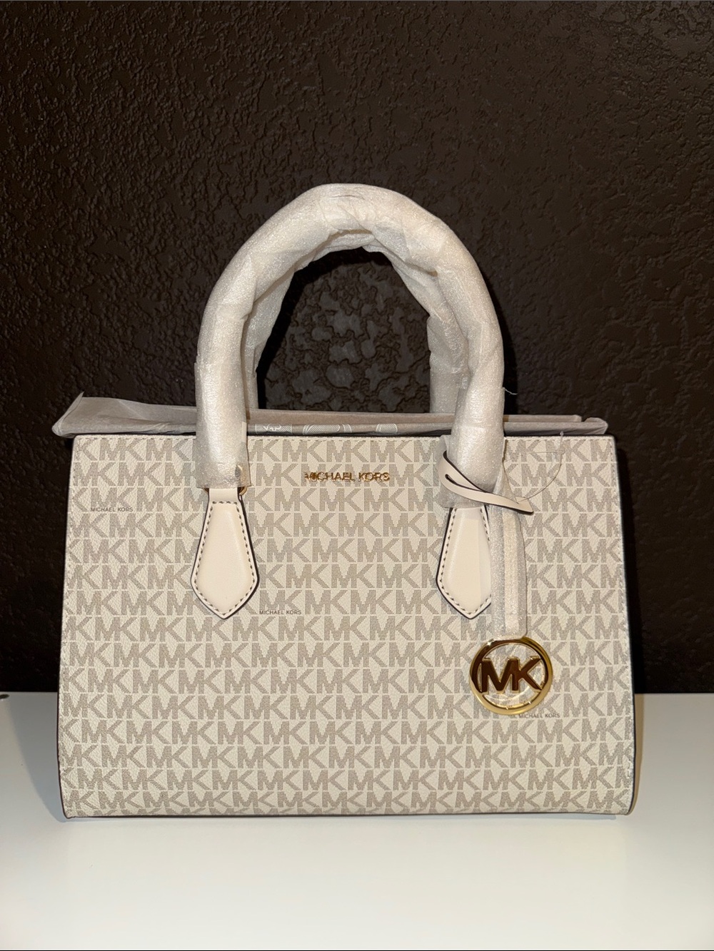 Michael Kors Cream Signature MK Logo Satchel with Gold-Tone Charm